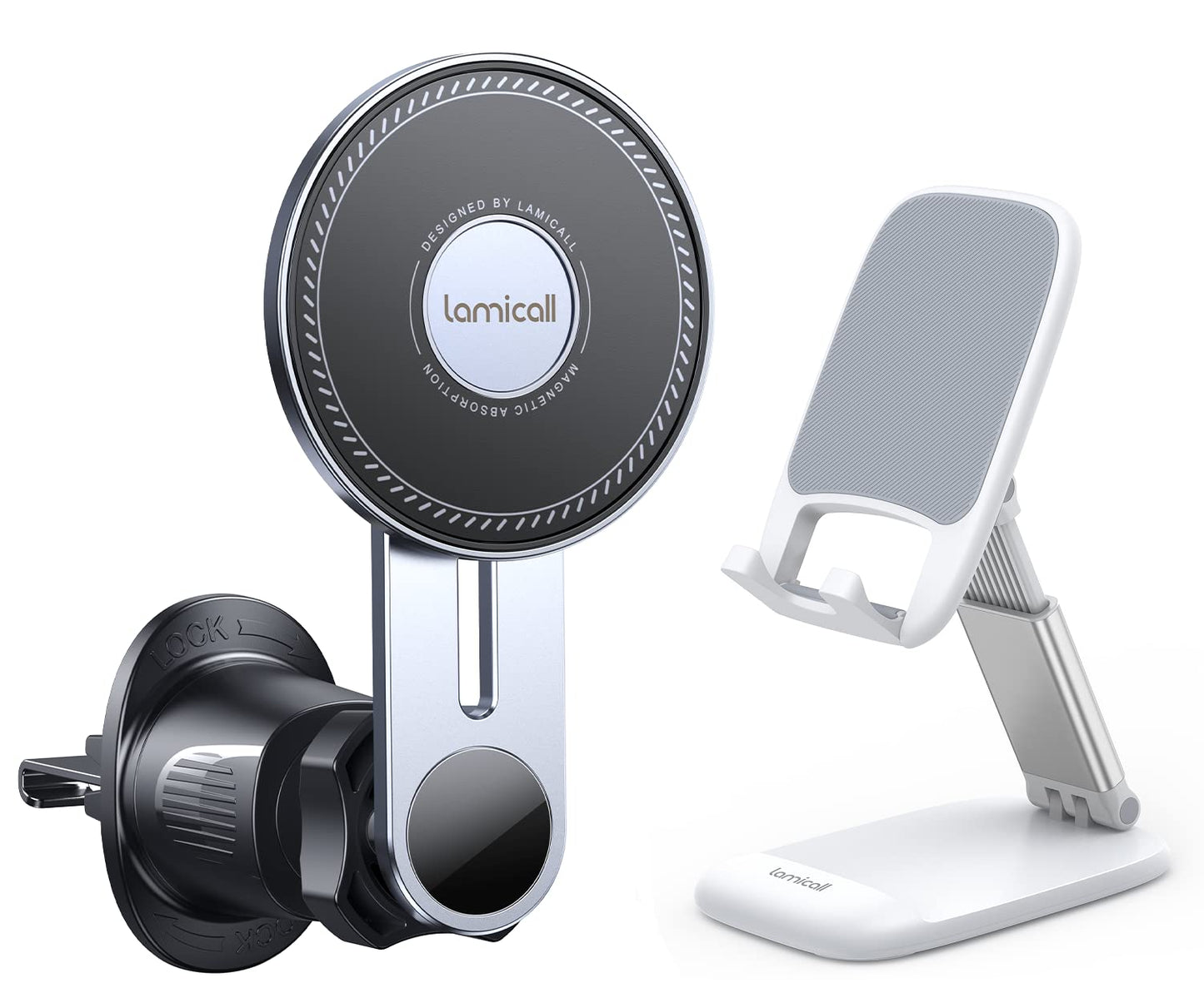 Lamicall Car Phone Mount & Foldable Phone Stand White -Bundle - Medaid International