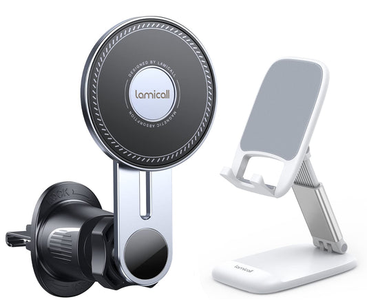 Lamicall Car Phone Mount & Foldable Phone Stand White -Bundle - Medaid International