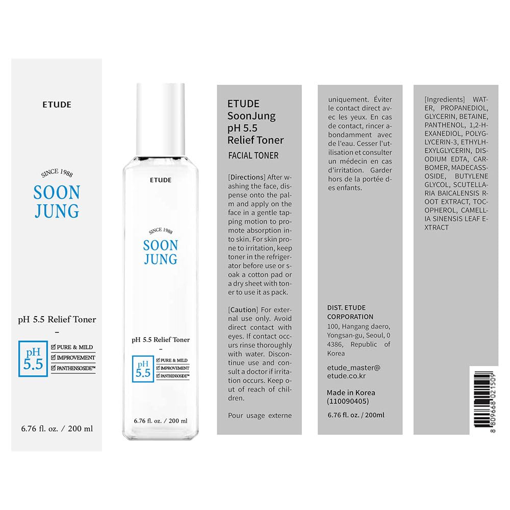 ETUDE SoonJung pH5.5 Relief Toner, Toner for Face, Hydrating Toner for Sensitive Skin, Vegan Face Toner, Panthenol, Madecassoside, Moisturizer, Korean Skin Care, Korean Toner, Beauty (6.76 Fl Oz) - Medaid International