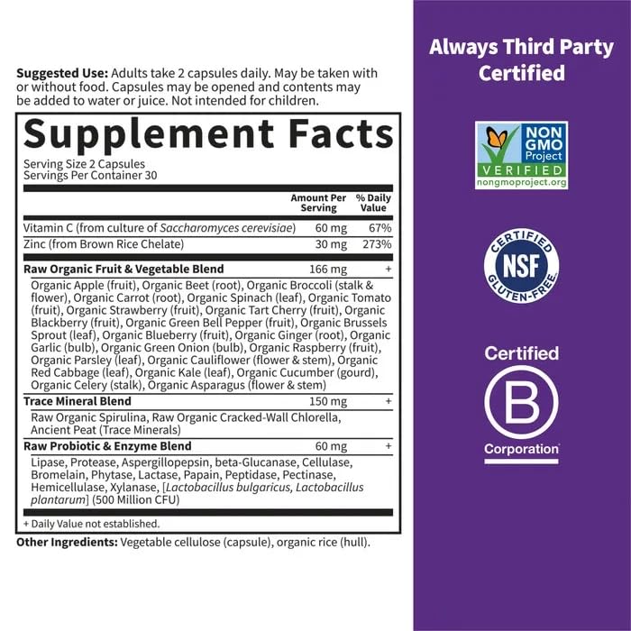 Garden of Life Zinc Supplements 30mg High Potency Raw Zinc and Vitamin C Multimineral Supplement, Vitamin Code Vitamins Trace Minerals & Probiotics for Skin Health & Immune Support, 60 Vegan Capsules - Medaid International