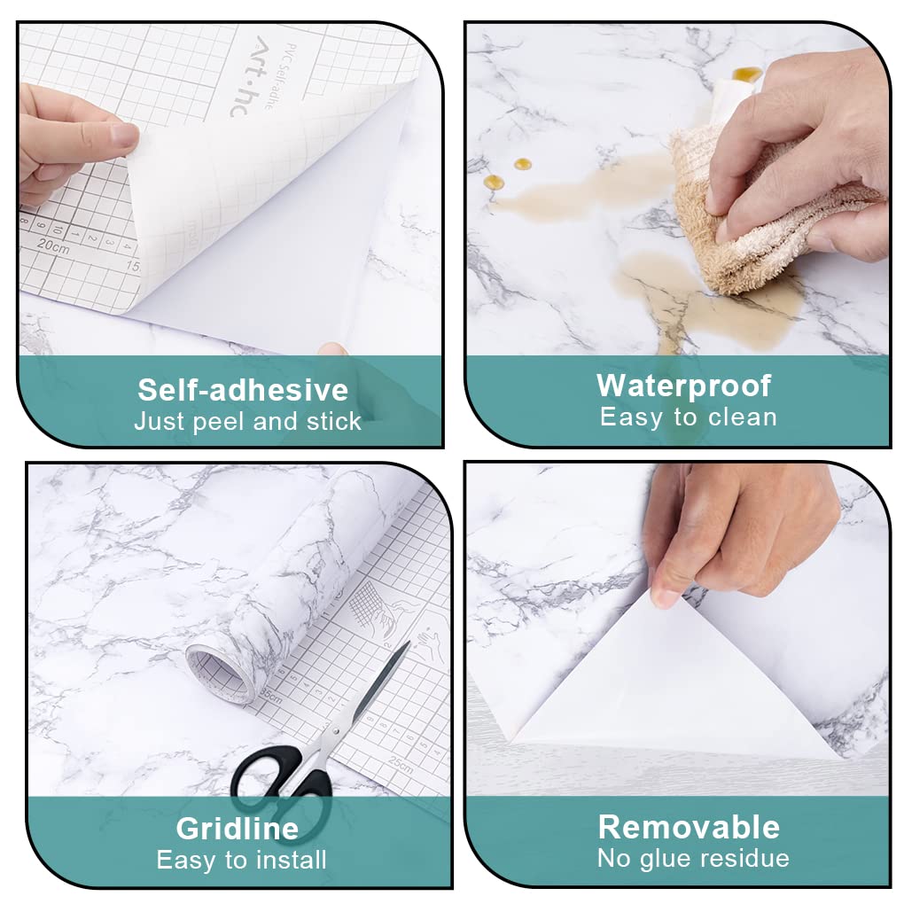 Arthome White Marble Contact Paper - Peel and Stick Wallpaper - Self-Adhesive & Removable Wall Paper for Furniture Desk, Kitchen Countertop, Cabinet, Shelf Liner, Wallcovering, (17"x120") - Medaid International