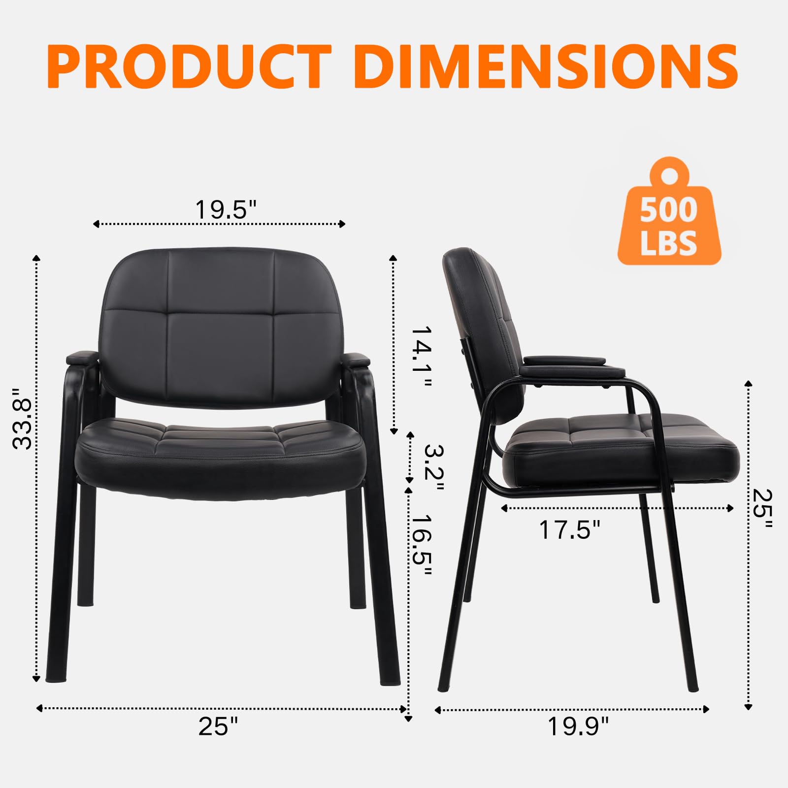 CLATINA Big & Tall 500 lbs Waiting Room Guest Chair, Leather Office Reception Chair No Wheels with Padded Arms for Elderly Home Desk Conference Room Lobby Side Salon Clinic, Black(8 Pack) - Medaid International