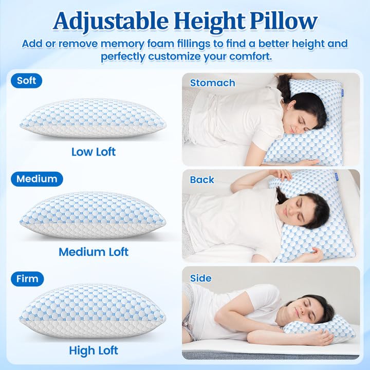 CloudBliss Shredded Memory Foam Pillow for Sleeping - Adjustable Cooling Pillow with Breathable Washable Cover, CertiPUR-US Certified, 1 Pack Queen Size for Side/Back/Stomach Sleepers - Medaid International