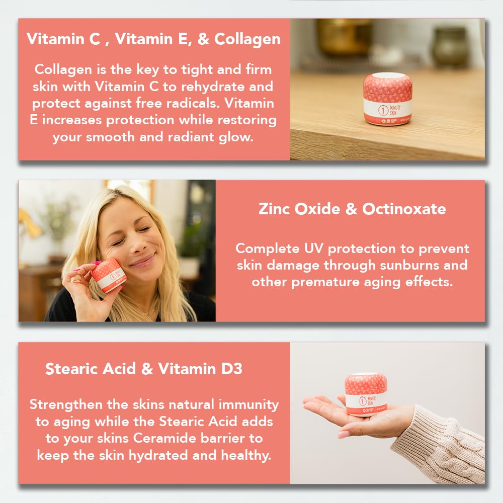 1 MINUTE SKIN AM Collagen Eye and Face Cream w/Zinc Oxide Sunscreen - Anti-Aging Lift - First All Natural Recipe to aid Glow, Renewal & Moisturize - Advanced Beauty Serum - 2 Oz (59 ml) - Medaid International