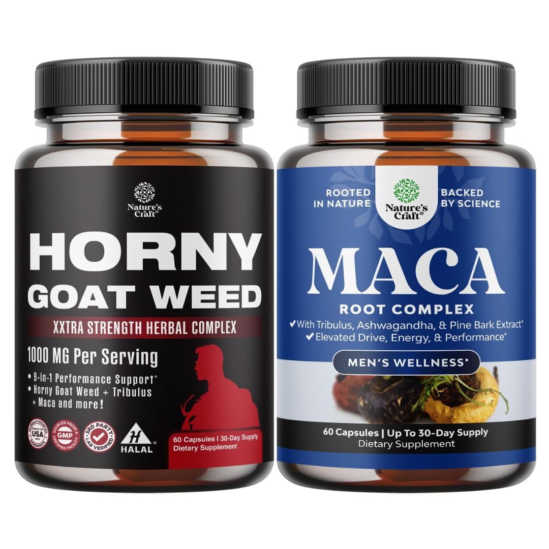 Bundle of Horny Goat Weed for Men with Black Maca Root, Tongkat Ali, Saw Palmetto & Panax Ginseng Extract and Potent Black Maca Root Capsules - Men's Wellness Supplement to Support General Health - Medaid International