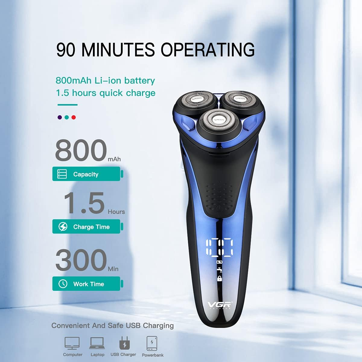VGR V306 Waterproof Electric Shaver ‚Äì Cordless Rechargeable Rotary Razor with Pop-Up Trimmer, LED Display (Blue) - Medaid International