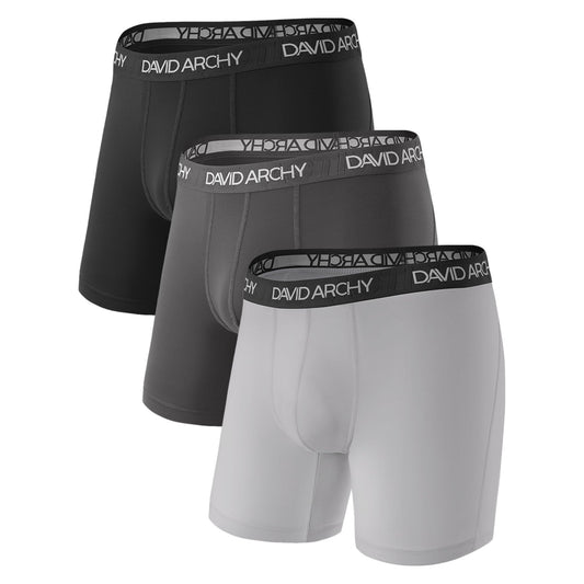 DAVID ARCHY Mens Underwear Solid Quick Dry Polyamide Boxer Briefs Active Performance Sports Waistband Ultra Soft Breathable Underwear in 3 Pack No Fly (L, Black/Dark Gray/Light Gray - Solid No Fly) - Medaid International