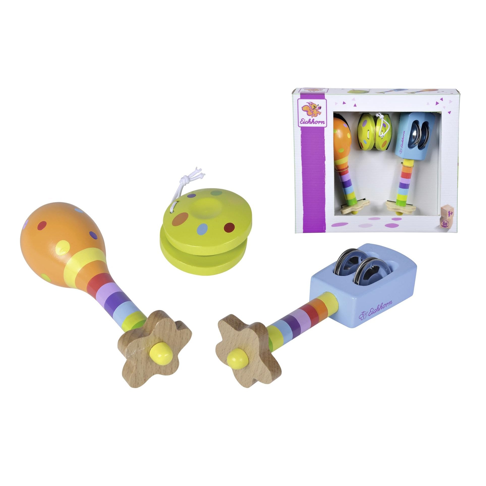 Eichhorn 100003484 Musik Set mit Includes Rattle, Maracas and Castanets, Colourful Musical Instruments Made of Wood, 3 Parts, from one Year - Medaid International