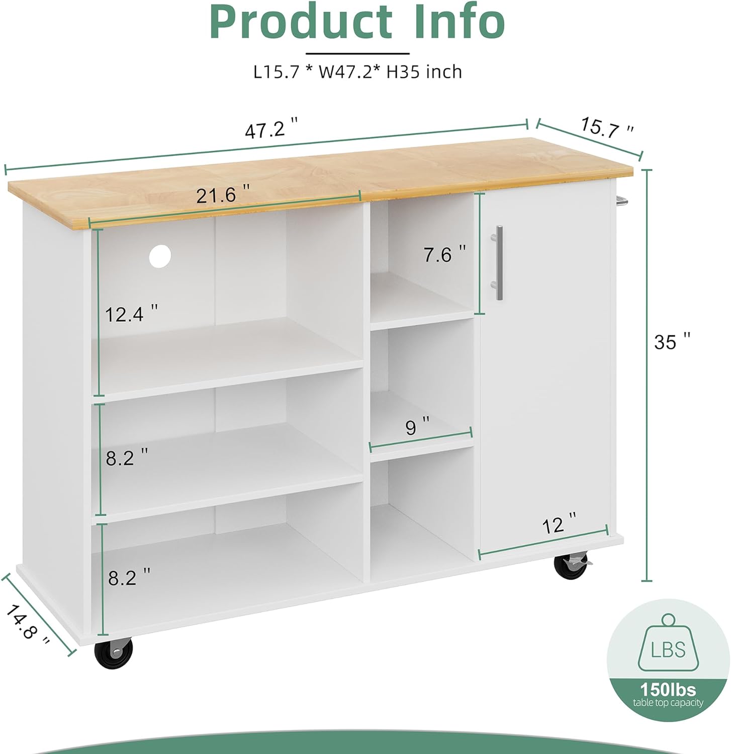 Shintenchi Kitchen Island Cart with Storage,Rolling Kitchen Island Storage Cabinet,Side Table on Wheels with Worktop,3 Open Shelves and 3 Drawers for Kitchen,Dinning Room, White - Medaid International