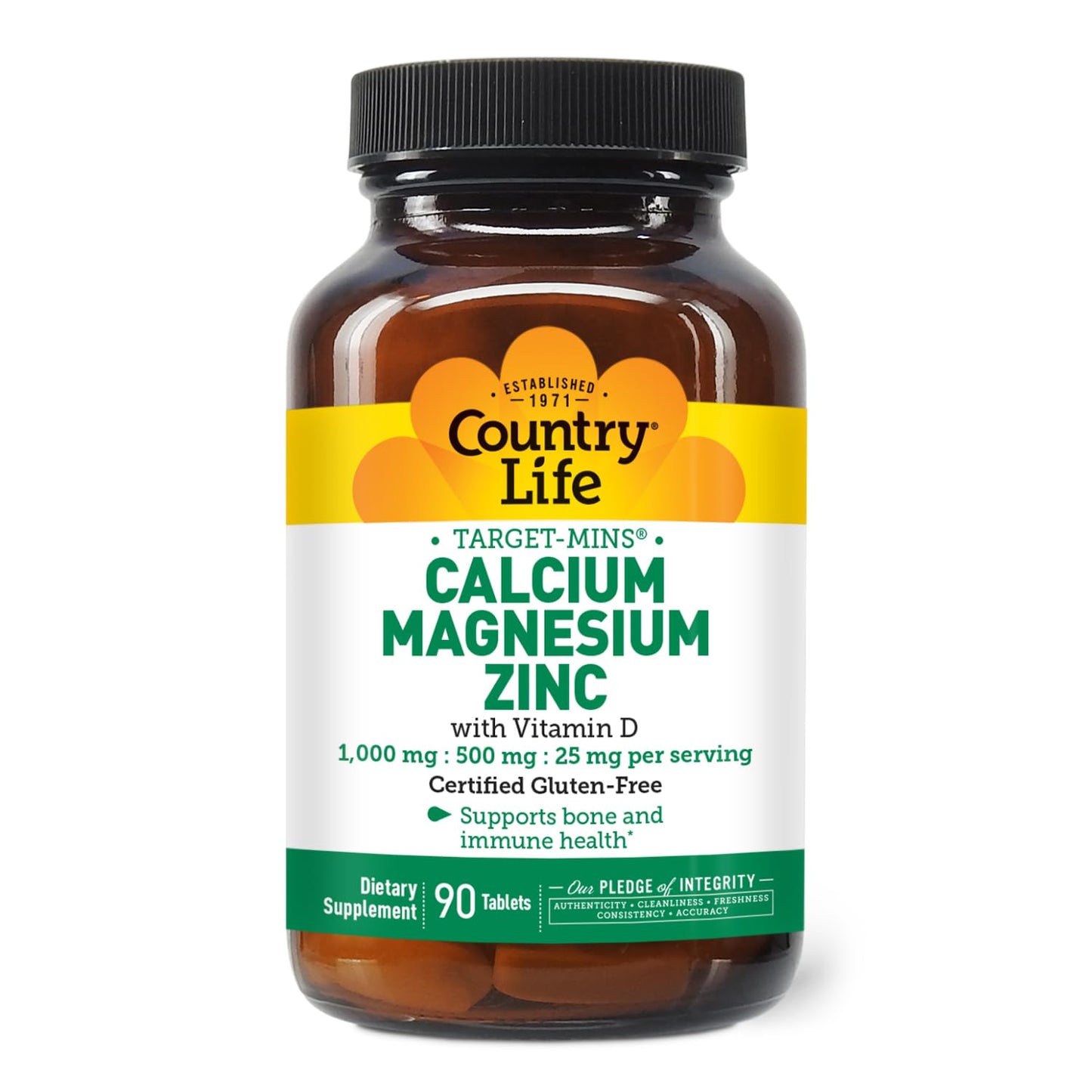 Country Life Calcium Magnesium Zinc with Vitamin D3 and L-Glutamic Acid, Dietary Supplement for Bone Support, Certified Gluten Free, 1000mg/500mg/25mg, 90 Tablets - Medaid International