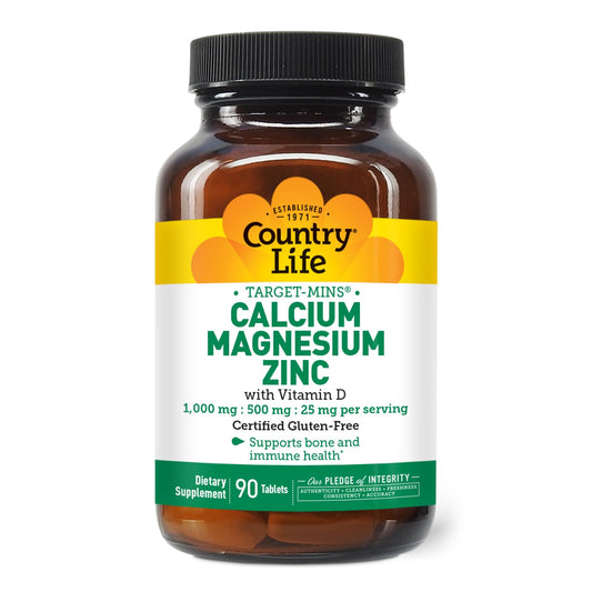 Country Life Calcium Magnesium Zinc with Vitamin D3 and L-Glutamic Acid, Dietary Supplement for Bone Support, Certified Gluten Free, 1000mg/500mg/25mg, 90 Tablets - Medaid International