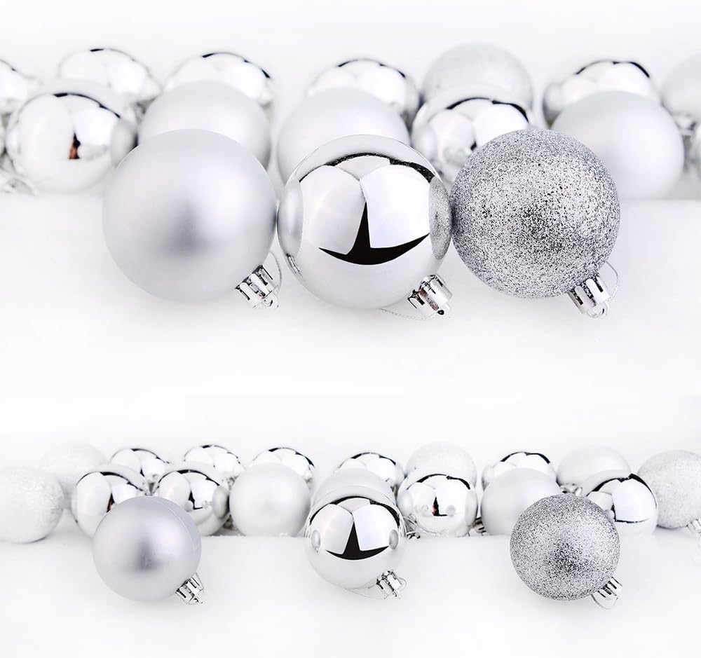 24Pcs Christmas Ornament Balls Set - 12 Glossy, 6 Matte & 6 Glittered Shatterproof Plastic Hanging Decorations for Xmas Tree (Silvery) Festive Holiday Decorative Accessories - Medaid International