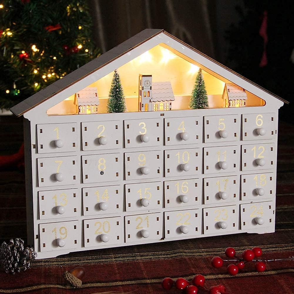 MorTime LED 24 Day Advent Calendar Decorated with Christmas Tree House and LED Lights, Lighted White Wooden Countdown to Christmas Calendar - Medaid International