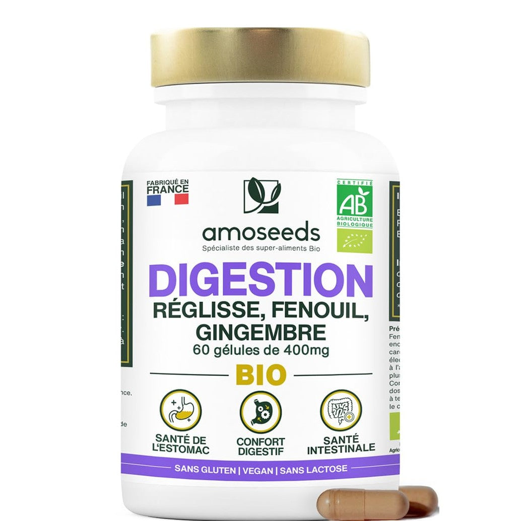 Digestion BIO | Confort Digestif et Santé de l’Estomac | Réglisse, Fenouil, Gingembre | Améliore la Digestion, Réduit les Inconforts | 60 gélules de 400mg | Fabriqué en France | Qualité Supérieure - Medaid International