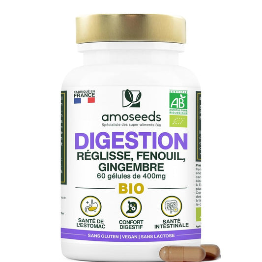 Digestion BIO | Confort Digestif et Santé de l’Estomac | Réglisse, Fenouil, Gingembre | Améliore la Digestion, Réduit les Inconforts | 60 gélules de 400mg | Fabriqué en France | Qualité Supérieure - Medaid International
