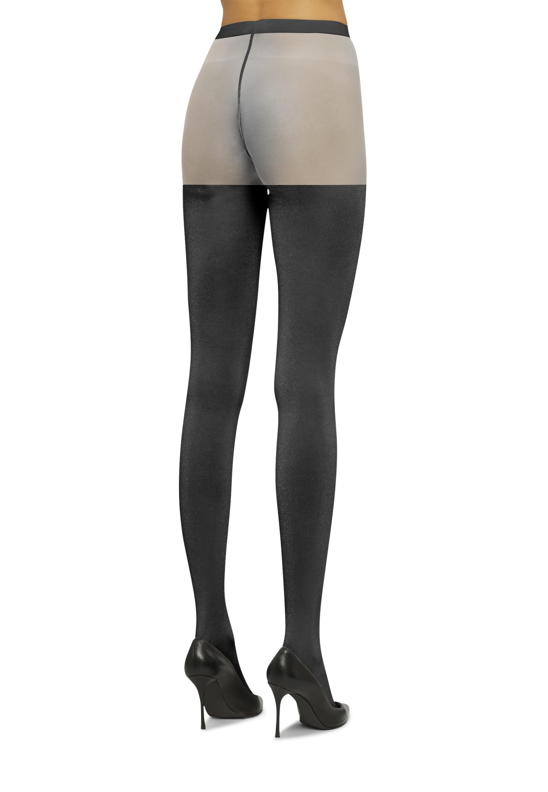 Wolford Shiny Sheer Tights for Women Sensual Stay-Up Effect Opaque Shiny Foil Yarn Signature Circular Knit Soft Waistband, Pewter Grey-Black, Small - Medaid International