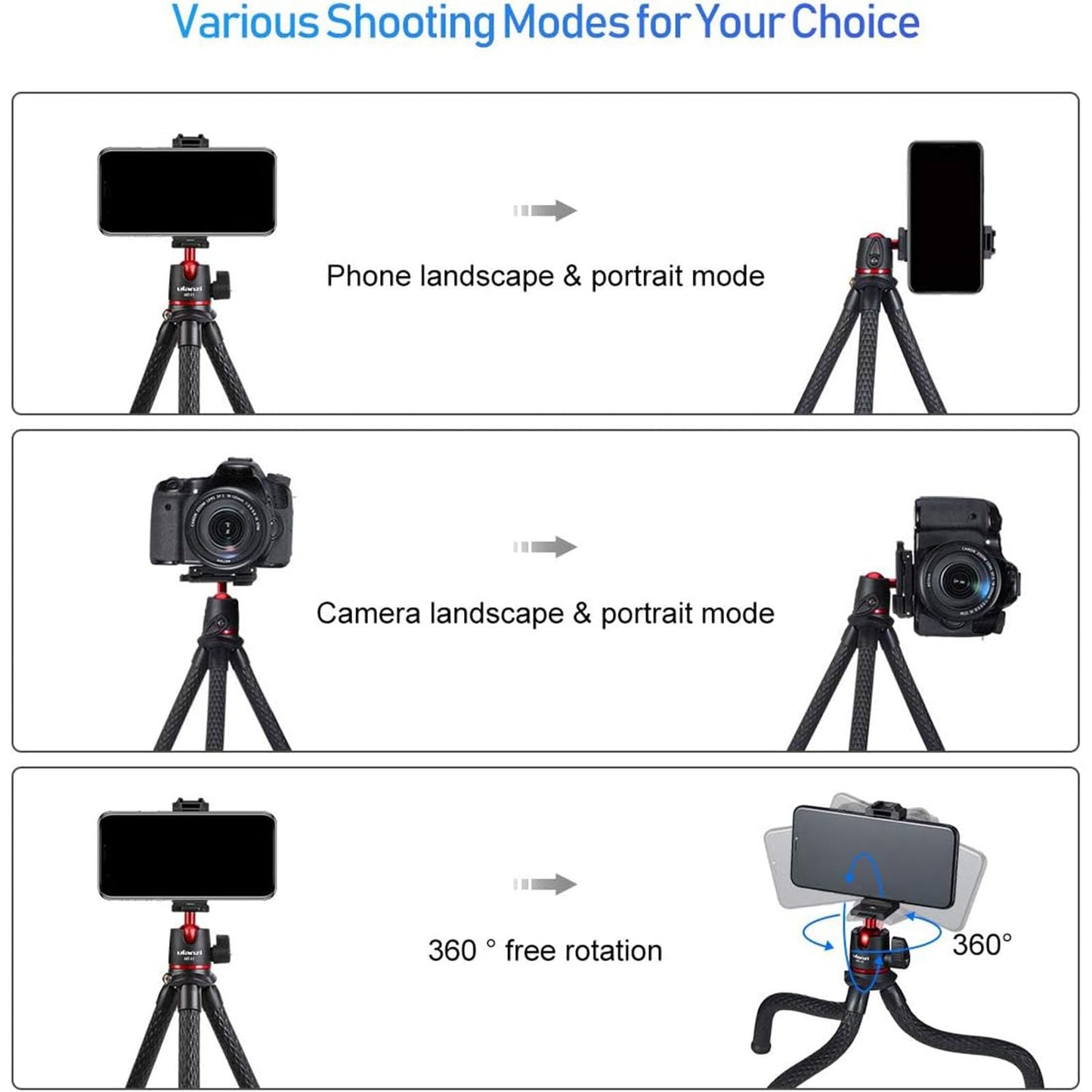 ULANZI Camera Tripod, Mini Flexible Stand w Hidden Phone Holder w Cold Shoe Mount, 1/4'' Screw f Magic Arm, Universal f iPhone 17 16 15 14 Pro Max XS Max X Samsung Canon Nikon Sony DJ Pocket 3 Cameras - Medaid International