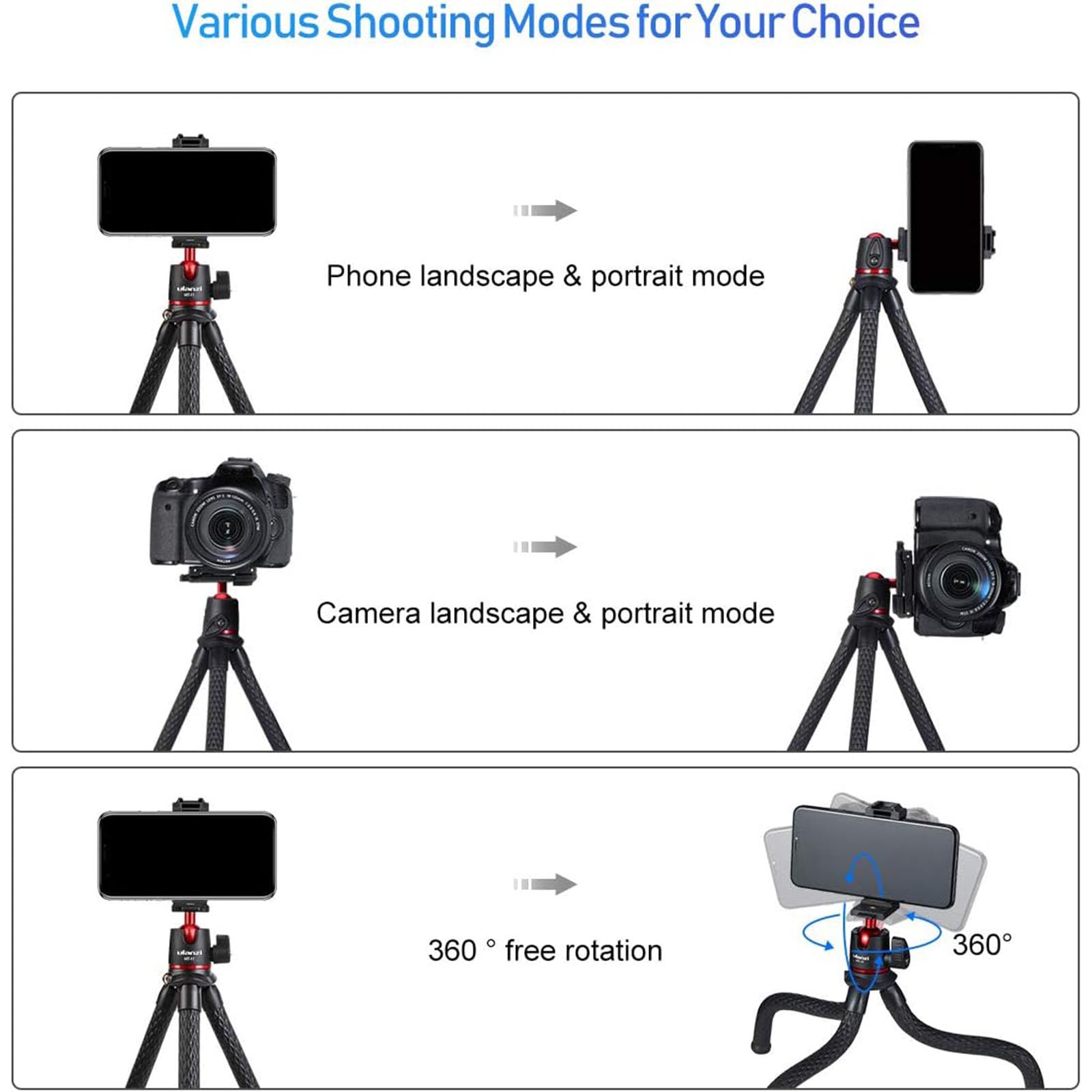 ULANZI Camera Tripod, Mini Flexible Stand w Hidden Phone Holder w Cold Shoe Mount, 1/4'' Screw f Magic Arm, Universal f iPhone 17 16 15 14 Pro Max XS Max X Samsung Canon Nikon Sony DJ Pocket 3 Cameras - Medaid International