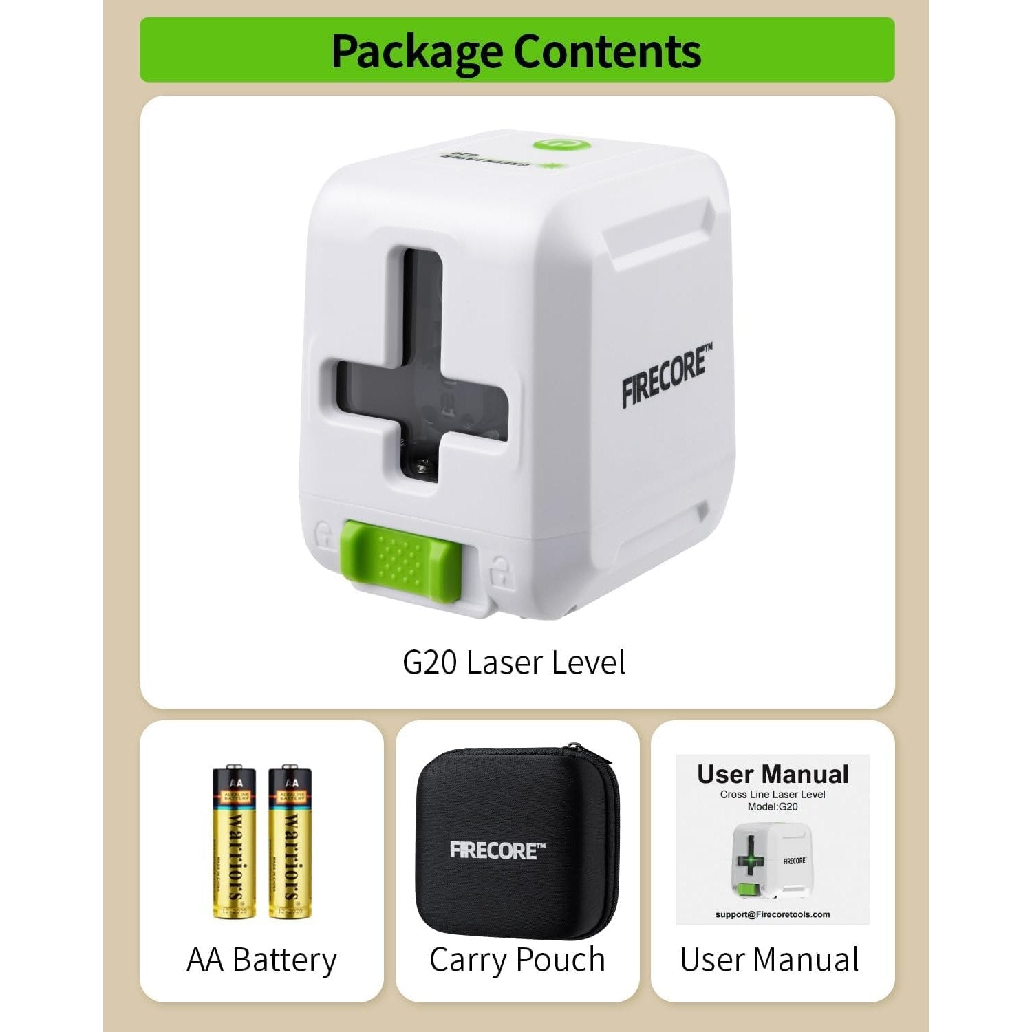 Firecore 82Ft Self Leveling Laser Level, Green Cross Line Laser Leveler Tool with Brightness Adjustment, Accurate Lazer Level for Picture Hanging Home Decoration,Battery Carry Pouch Included - Medaid International