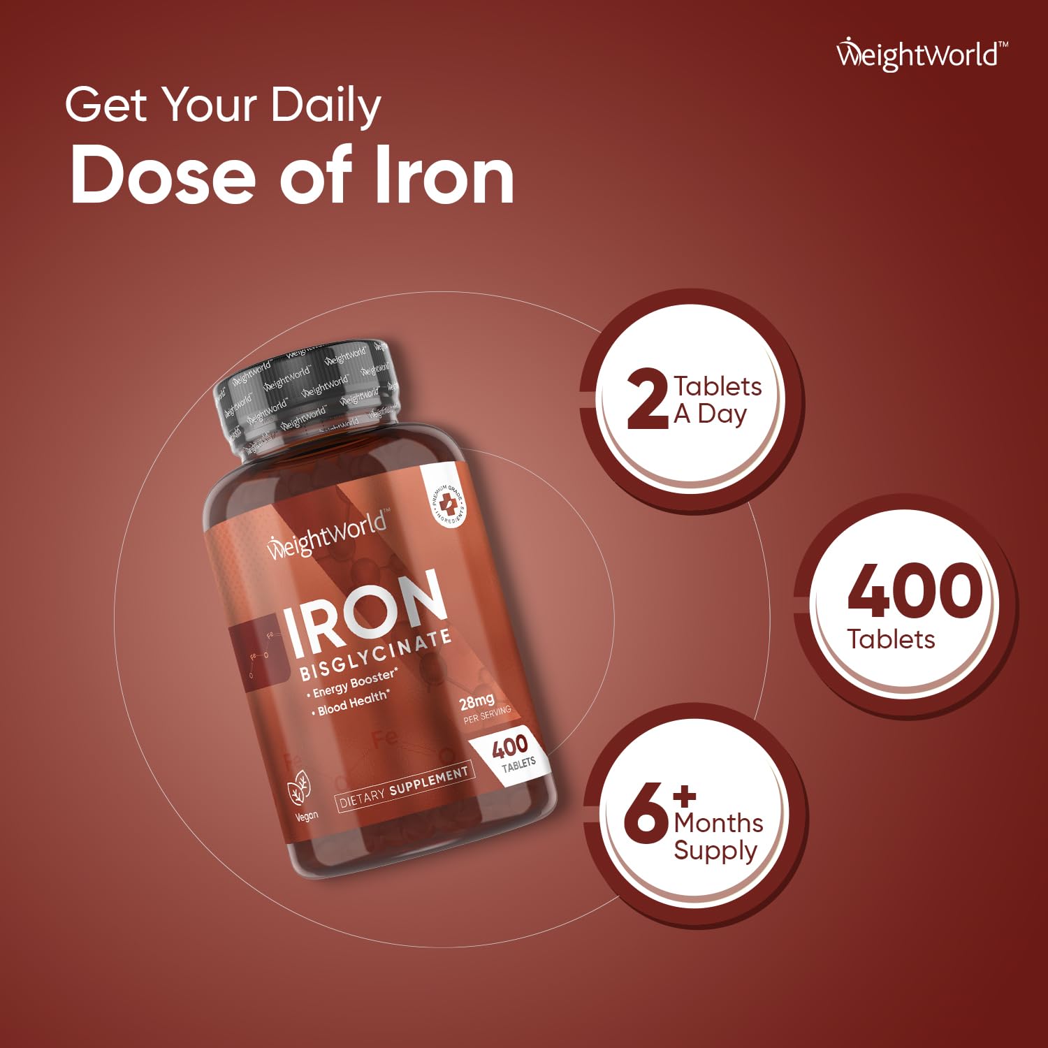 WeightWorld Iron Supplement 28mg - 400 Tablets (6+ Months Supply) - Gentle Iron Bisglycinate Supplement for Women & Men - Vegan, Non-GMO & Gluten-free - Medaid International