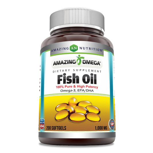 Amazing Omega Fish Oil 1000 mg Softgels Supplement | Omega-3, 180 mg EPA. 120 mg DHA | High Potency (200 Count) - Medaid International