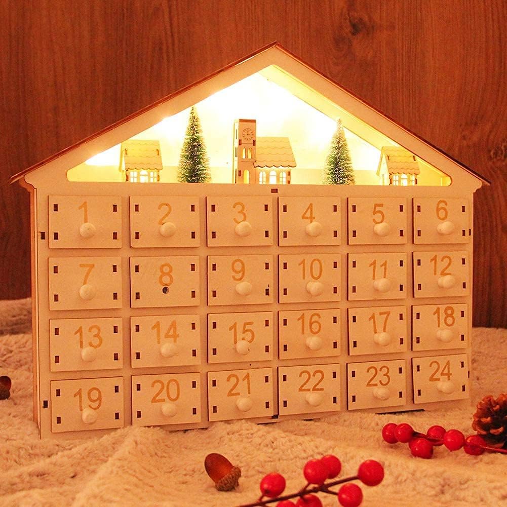 MorTime LED 24 Day Advent Calendar Decorated with Christmas Tree House and LED Lights, Lighted White Wooden Countdown to Christmas Calendar - Medaid International
