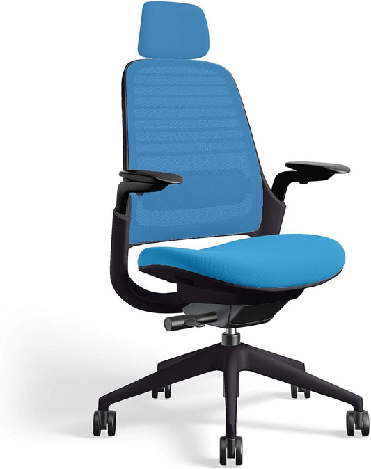 Steelcase Series 1 Office Task Chair with Headrest Black Frame 3D Microknit Back 4-Way Adjustable Arms Carpet Casters and Blue Jay 5S21 Cogent Connect Upholstery - Medaid International