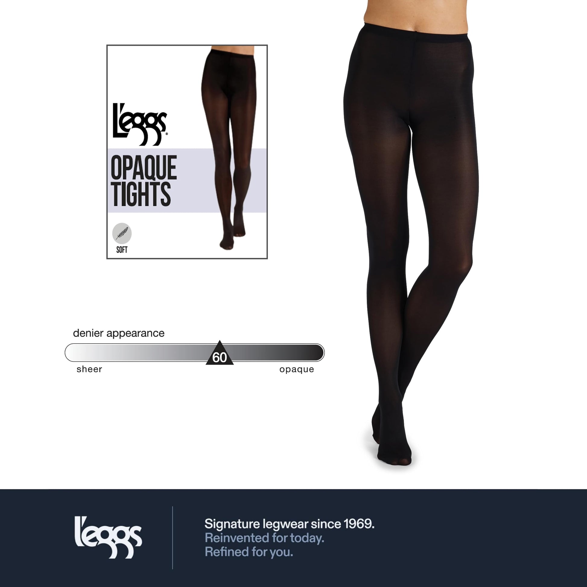 L'eggs Casual Women's Opaque Tights, Same to Waist, Sheer Toe, Black, Size Large (Pack of 1) - Medaid International
