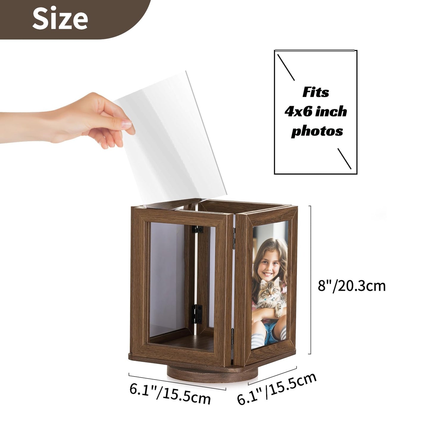 NUPTIO Rotating Picture Frames Cube: 4x6 Inch Double Wooden Brown Photo Frame for Wedding Christmas Birthday Anniversary Office Home Desk - Medaid International