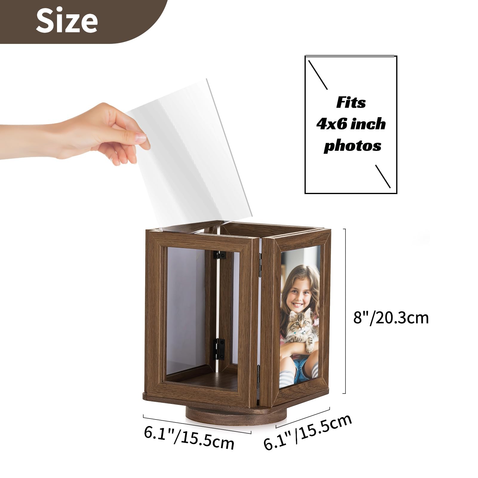 NUPTIO Rotating Picture Frames Cube: 4x6 Inch Double Wooden Brown Photo Frame for Wedding Christmas Birthday Anniversary Office Home Desk - Medaid International