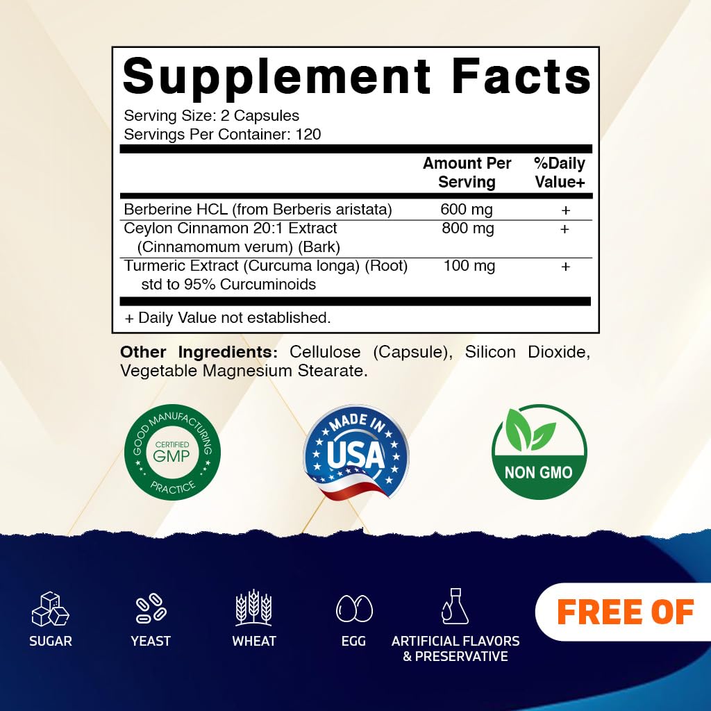 Vitamatic Berberine with Ceylon Cinnamon, 1500mg, 240 Vegetarian Capsules, Non-GMO, Gluten Free - Medaid International