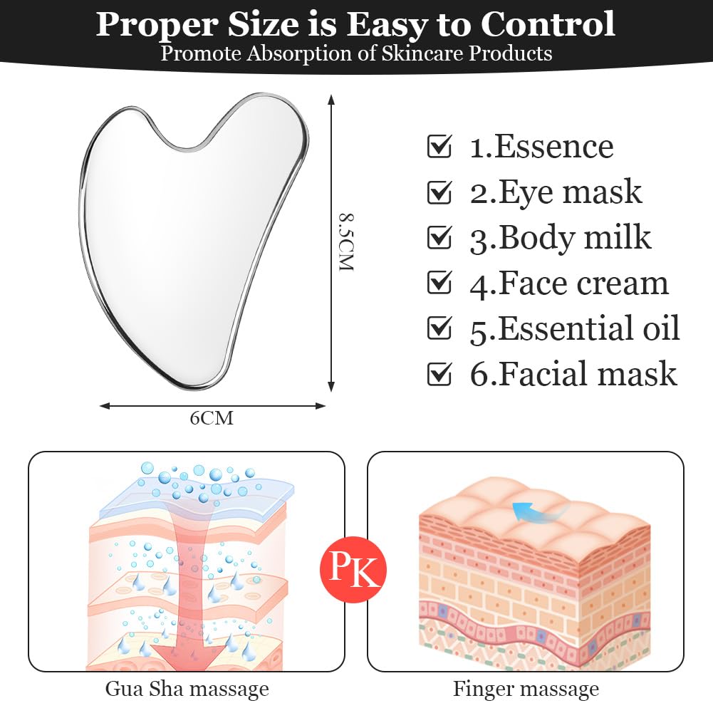 URAQT Stainless Steel Gua Sha Facial Tools Guasha Tools for Face Skin Care Body Gua Sha Tools Tighten Skin Massage Tools for Puffiness Reducing & Jawline Sculpting Face Stone Gua Sha Tools (Silver) - Medaid International