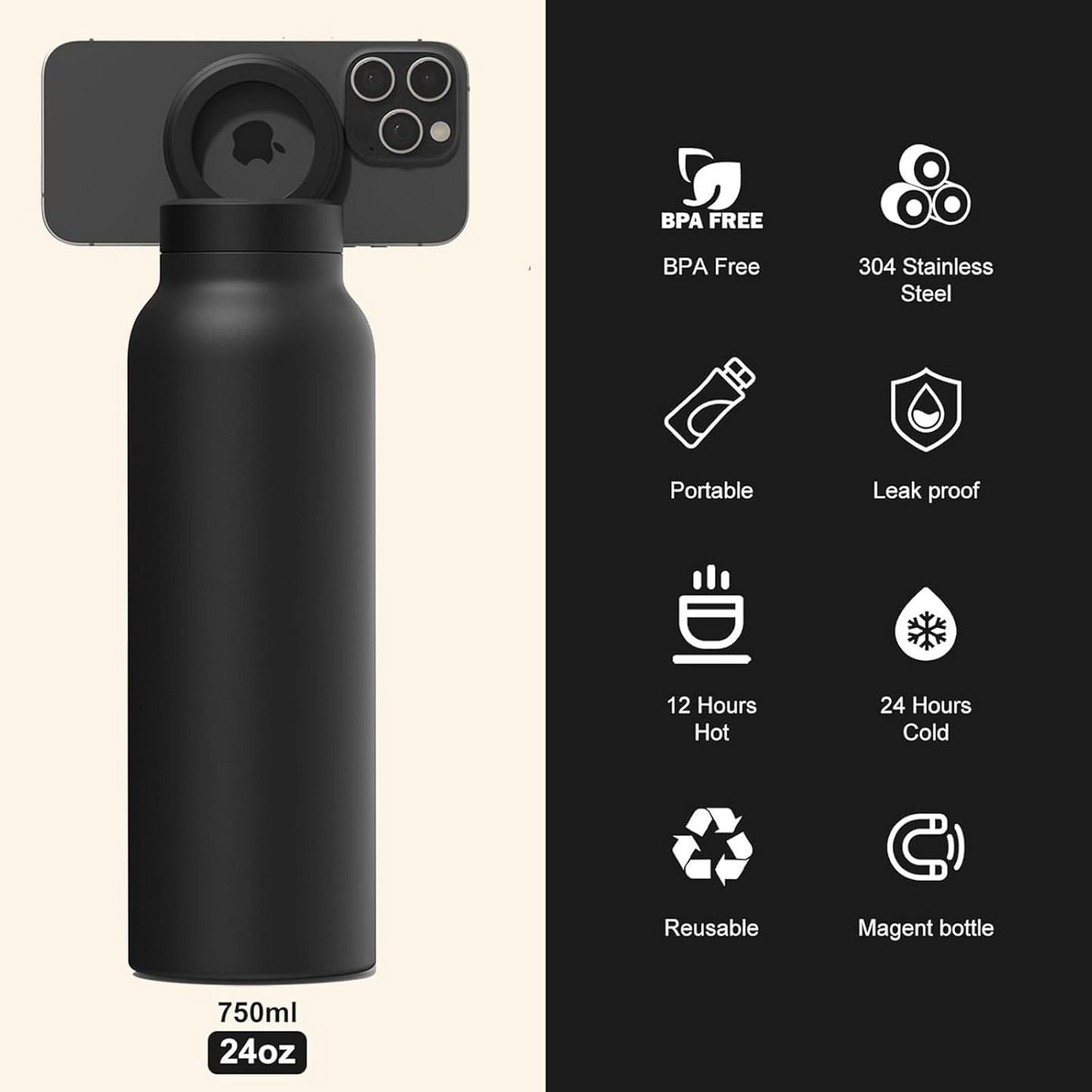 Insulated Water Bottle with Magnetic Phone Holder | Stainless Steel Tumbler Compatible with MagSafe for Gym, Car, & Sports - Medaid International