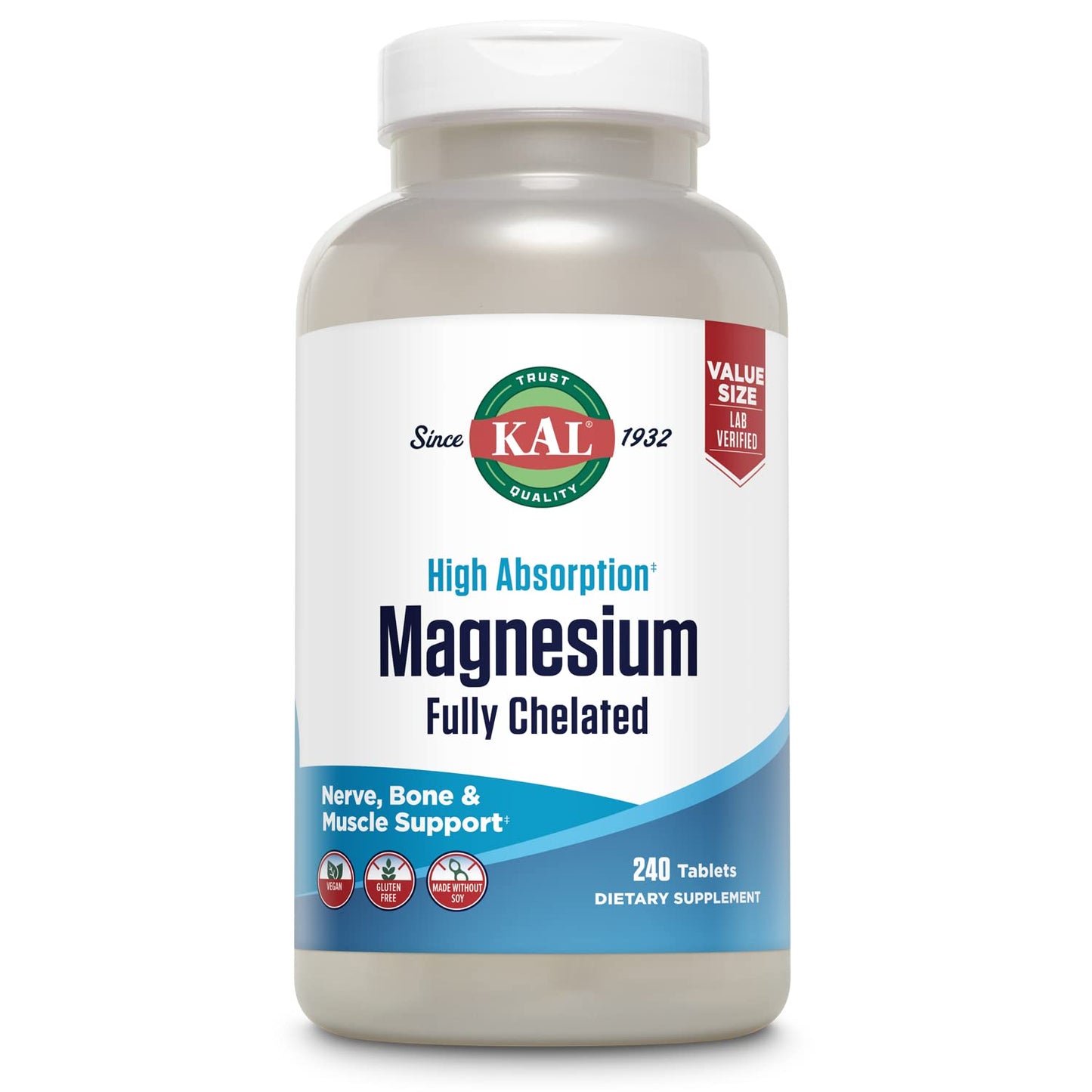 KAL Magnesium Glycinate Tablets, Fully Chelated, High Absorption Formula with Magnesium Bisglycinate Chelate for Nerve, Muscle & Bone Health Support, Vegan, Gluten Free, Value Size, 240 Tablets - Medaid International