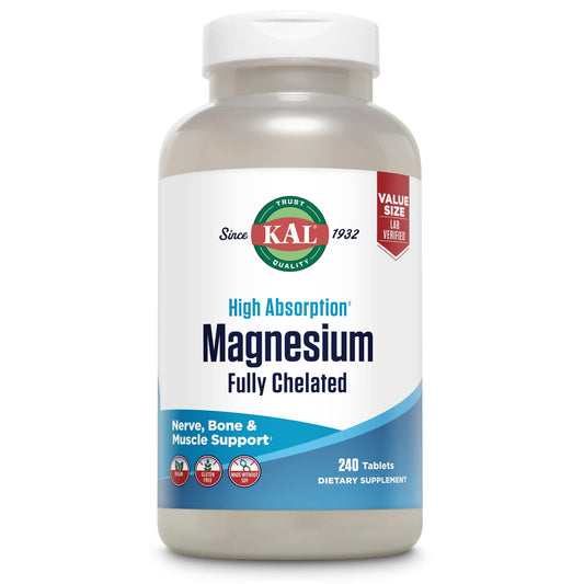KAL Magnesium Glycinate Tablets, Fully Chelated, High Absorption Formula with Magnesium Bisglycinate Chelate for Nerve, Muscle & Bone Health Support, Vegan, Gluten Free, Value Size, 240 Tablets - Medaid International
