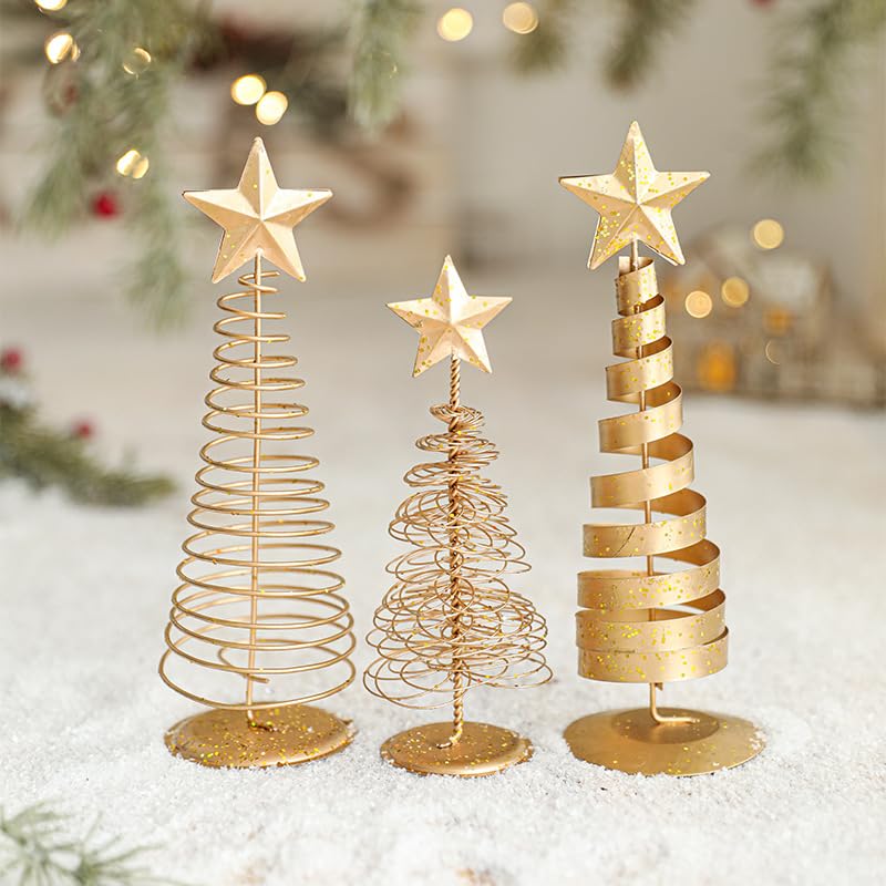1PC Elegant Gold Spiral Christmas Tree Decor - Glittering Tabletop Trees with Star Toppers for Holiday Home & Office Festive Decorating, Golden, A - Medaid International