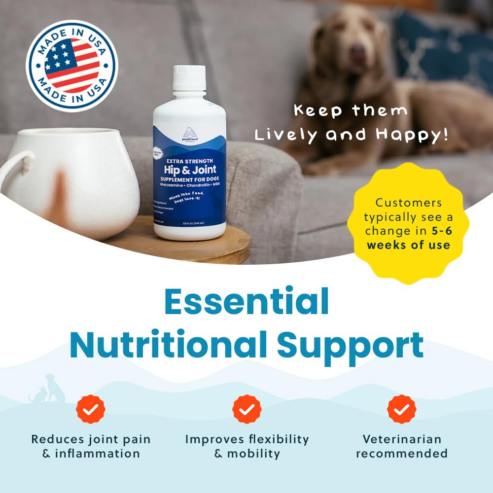 Paramount Pet Health Liquid Glucosamine for Dogs, Hip & Joint Supplement with Chondroitin & MSM, 32 oz Mobility Support for Large Dogs, Human-Grade Joint Care Made in GMP & FDA Registered Facility