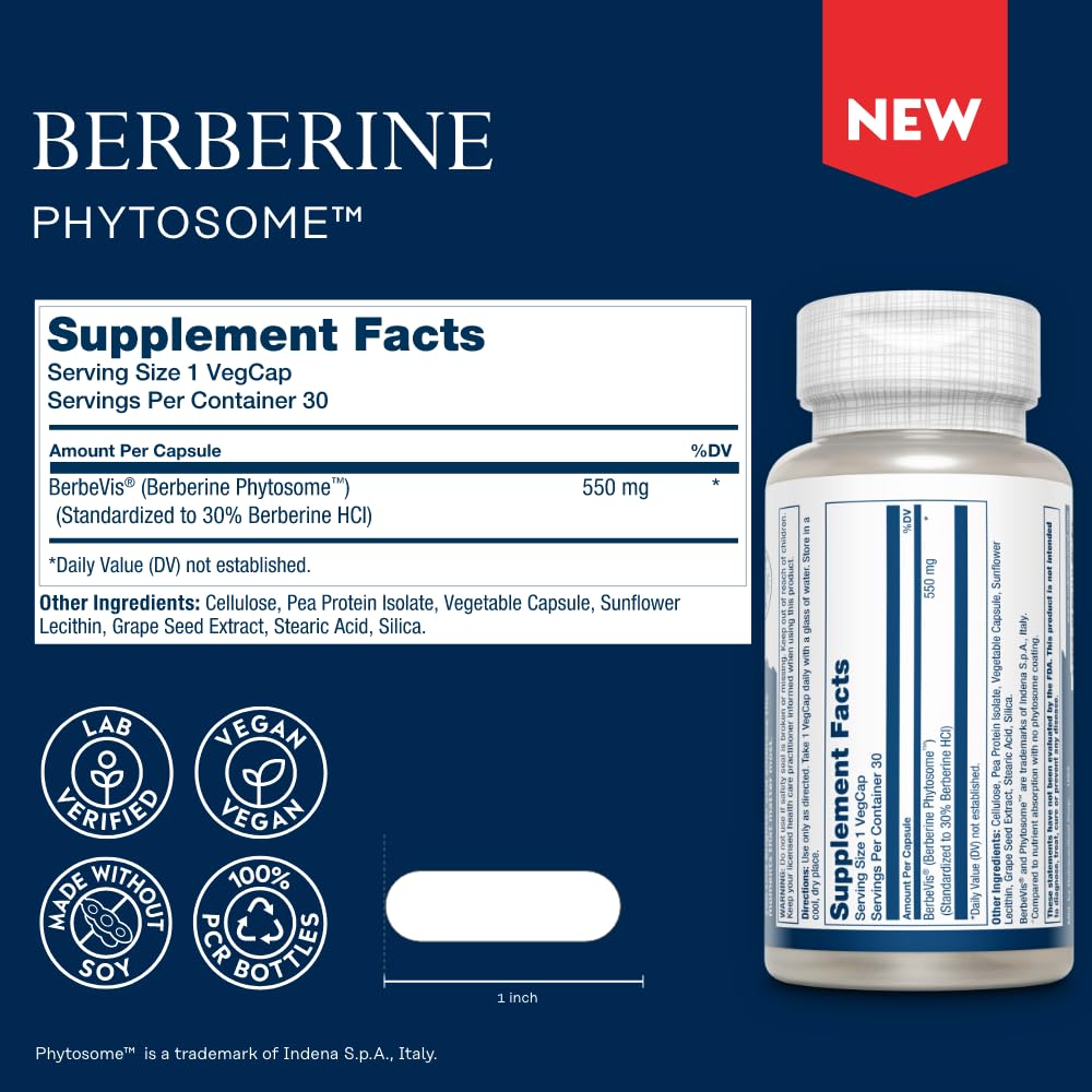 SOLARAY Berberine Phytosome - 9X Absorption and Easy-to-Digest - Standardized to 30% Berberine HCl - Vegan, Made Without Soy - 60-Day Guarantee - 30 Servings, 30 VegCaps - Medaid International
