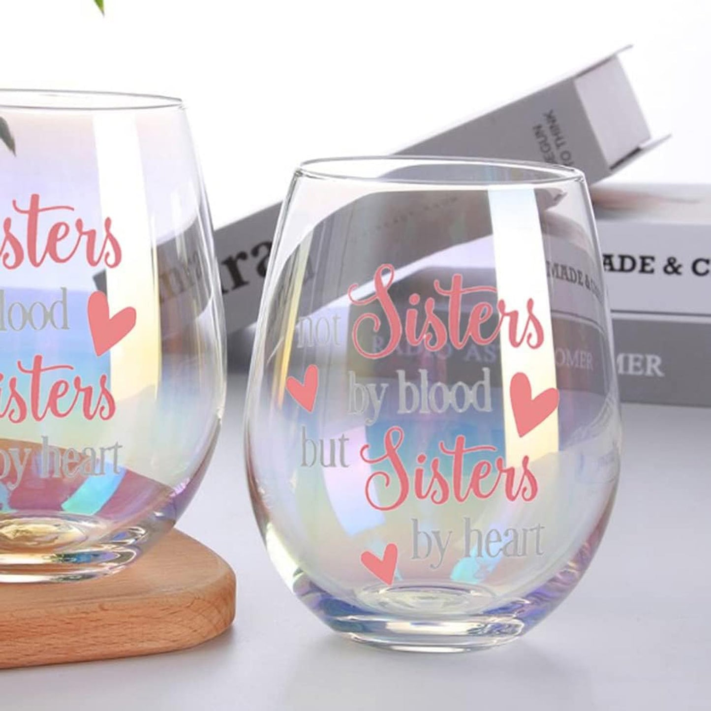 Yalucky Stemless Wine Glass 'Not Sisters by Blood but Sisters by Heart' Funny Sayings Gifts for Women Best Friend Female Bestie Wine Lover Friendship Gin Gift Birthday Decor Idea (Iridescent Sister) - Medaid International