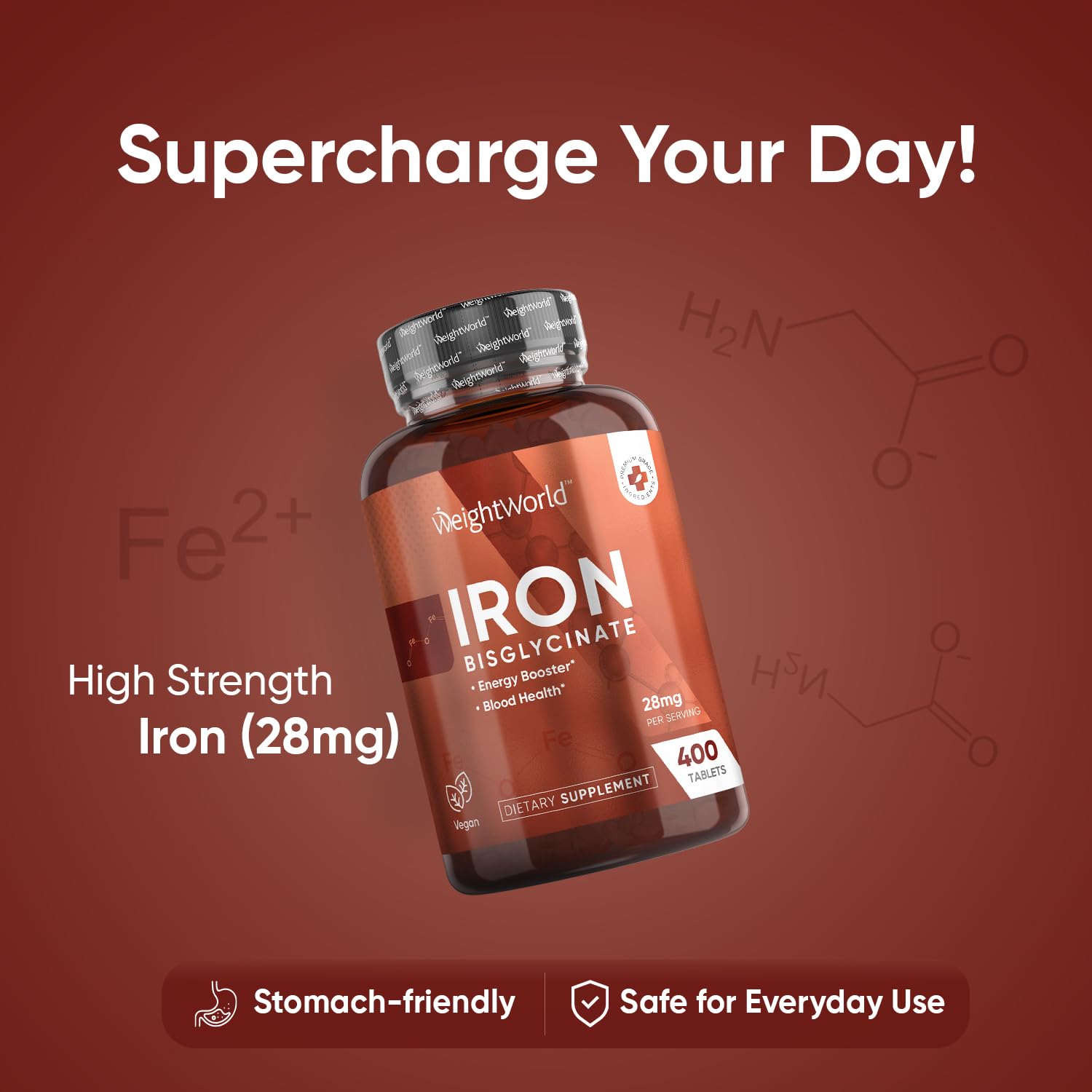 WeightWorld Iron Supplement 28mg - 400 Tablets (6+ Months Supply) - Gentle Iron Bisglycinate Supplement for Women & Men - Vegan, Non-GMO & Gluten-free - Medaid International