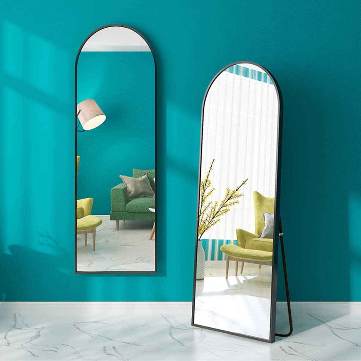 170 CM Modern Arched Floor Standing and Wall Mounted Mirror with Metal Frame Freestanding Mirror with Stand for Home Living Room Bedroom Black - Medaid