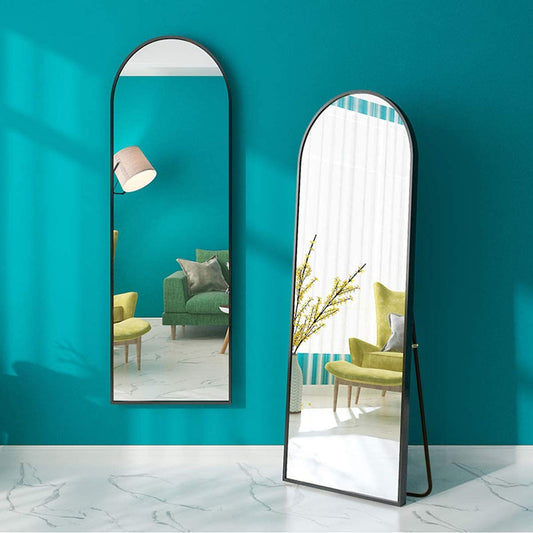 170 CM Modern Arched Floor Standing and Wall Mounted Mirror with Metal Frame Freestanding Mirror with Stand for Home Living Room Bedroom Black - Medaid