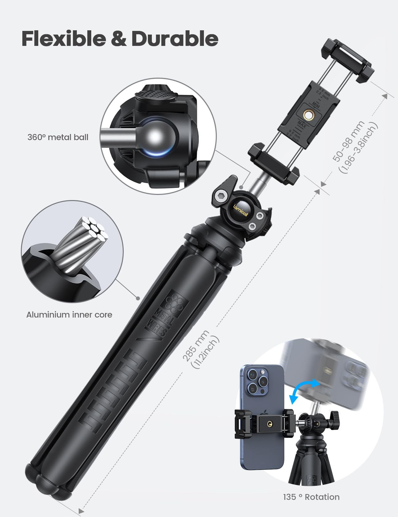 Lamicall Tripod for iPhone - 3 in 1 Flexible Phone Tripod with Wireless Remote - iPhone Tripod Stand for Video Recording Vlogging Selfie Compatible with iPhone Samsung Go Pro, Digital Camera - Medaid International