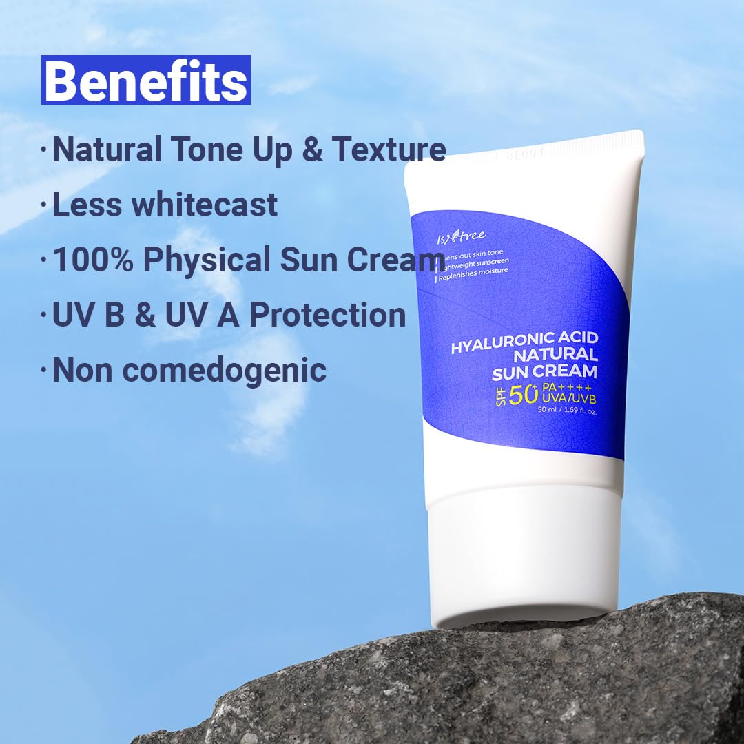 ISNTREE Hyaluronic Acid Natural Suncream SPF50 PA++++ 50ml, 1.69 fl.oz | Evens out skin tone | Lightweight sunscreen | Replenishes moisture - Medaid International