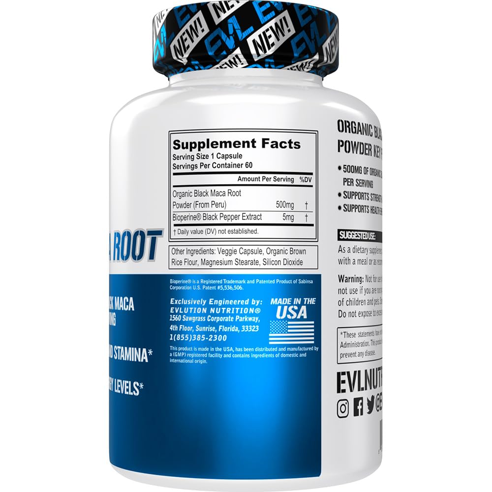 Evlution Nutrition Black Maca Root - Energy Support - 500mg Organic Black Maca Root Powder - Workout Supplement - Vegetarian Capsules - for Strength Performance & Stamina - 60 Servings - Medaid International