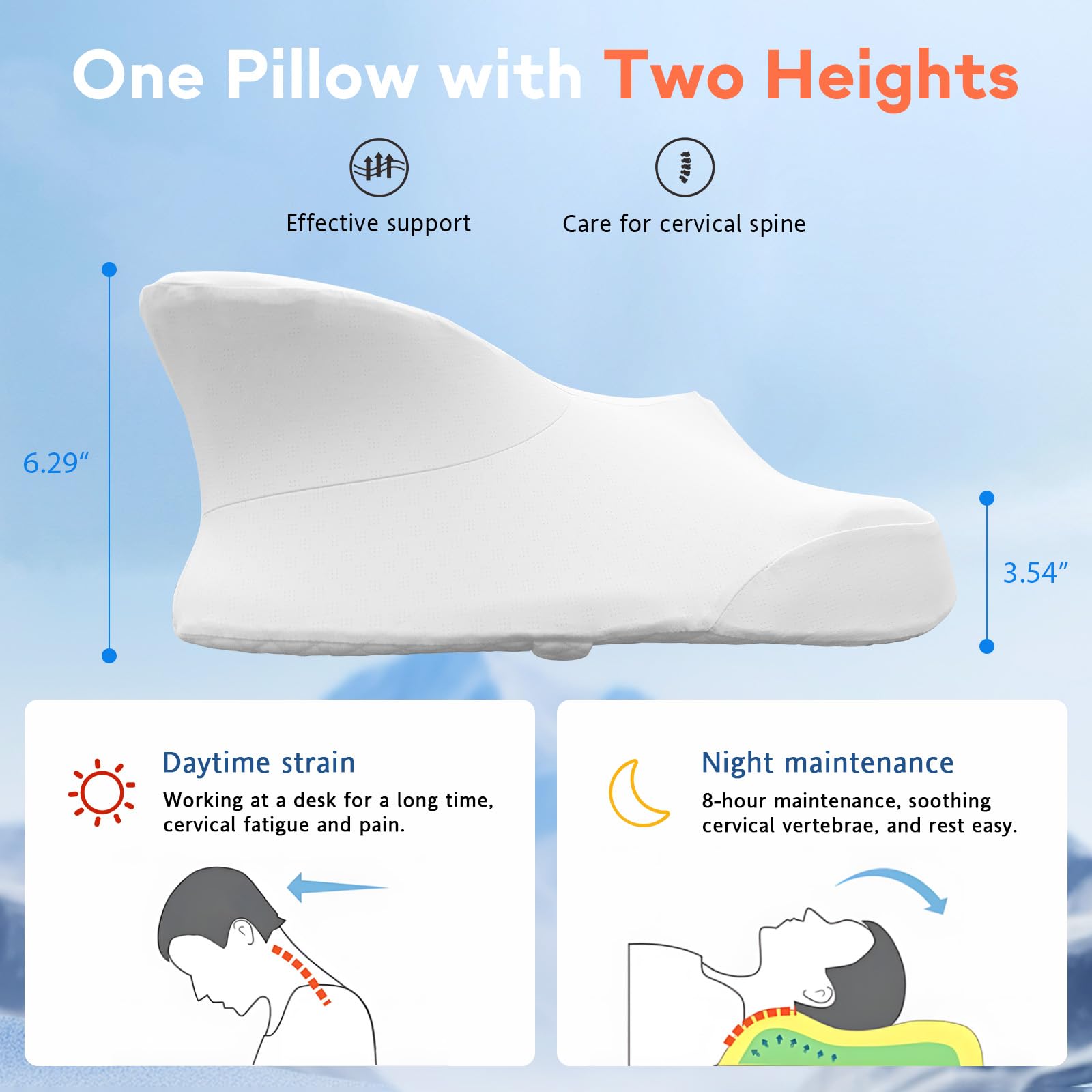 Dual-Height Cervical Neck Pillow for Pain Relief, Memory Foam Pillows with Cooling Tech -3D Ergonomic Support, Cooling Cover, for Side/Back/Stomach Sleeper Pillow, Minimalist Style - White - Medaid International