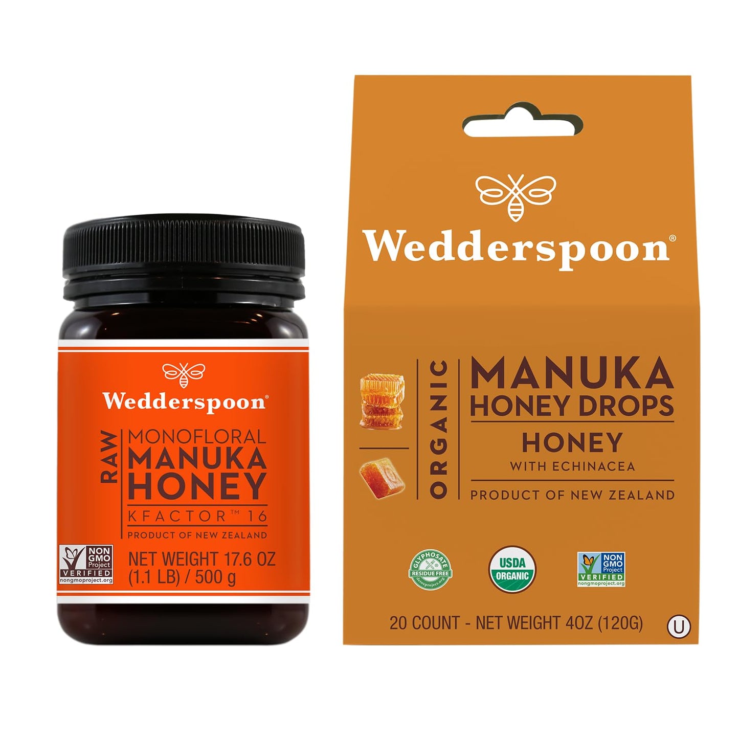 Wedderspoon Organic Manuka Honey Drops, Honey + Echinacea, Unpasteurized, Genuine New Zealand Honey, Perfect Remedy For Dry Throats, 4.0 Ounce - Medaid International