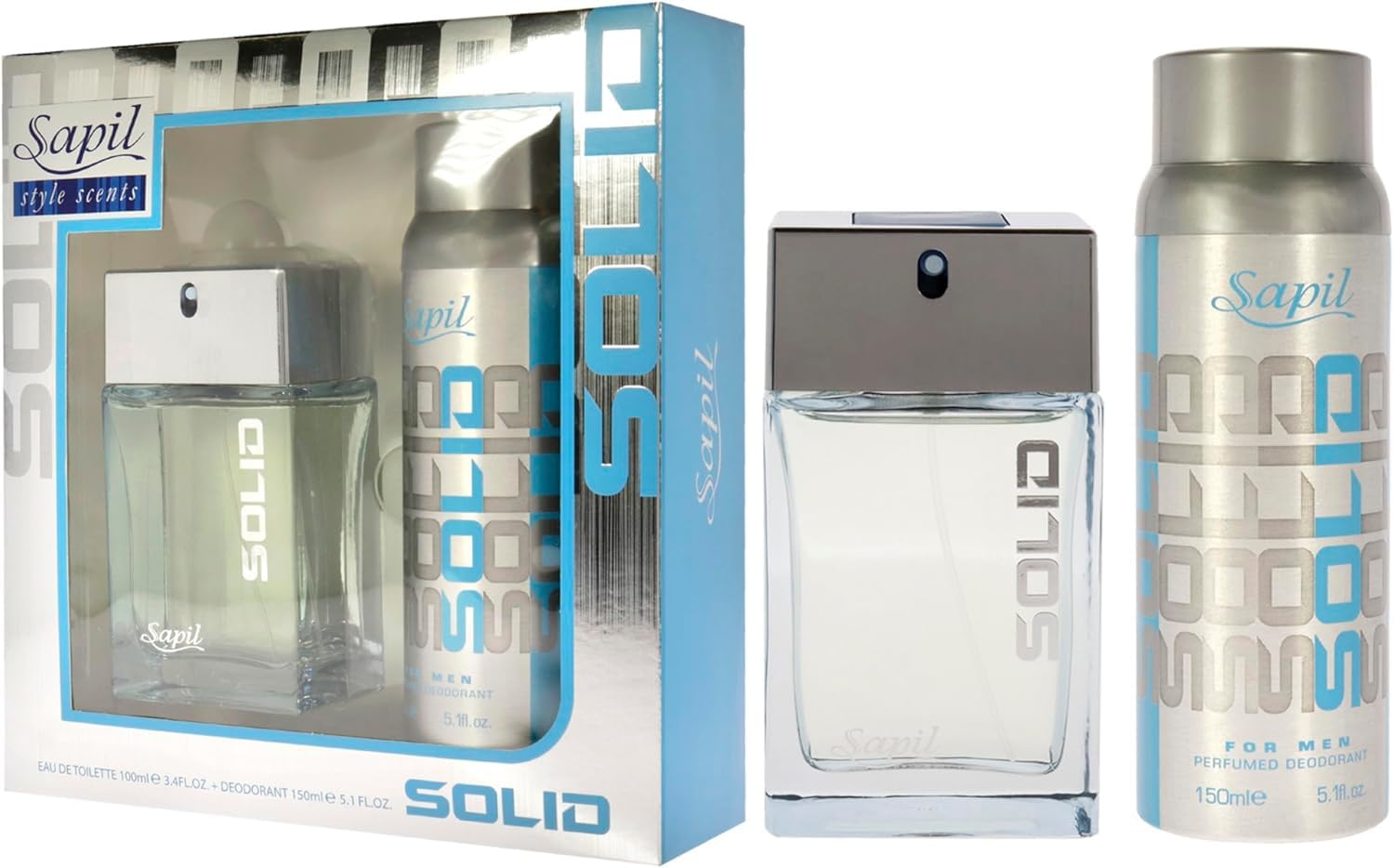 Sapil Solid - Eau De Toilette and Deodorant Spray For Men - Evokes Power and Sensuality - Opens with Fresh and Citrus Notes - Beautiful Giftset Box - Perfect for Gift Giving Occasion- 2 Pc - Medaid International