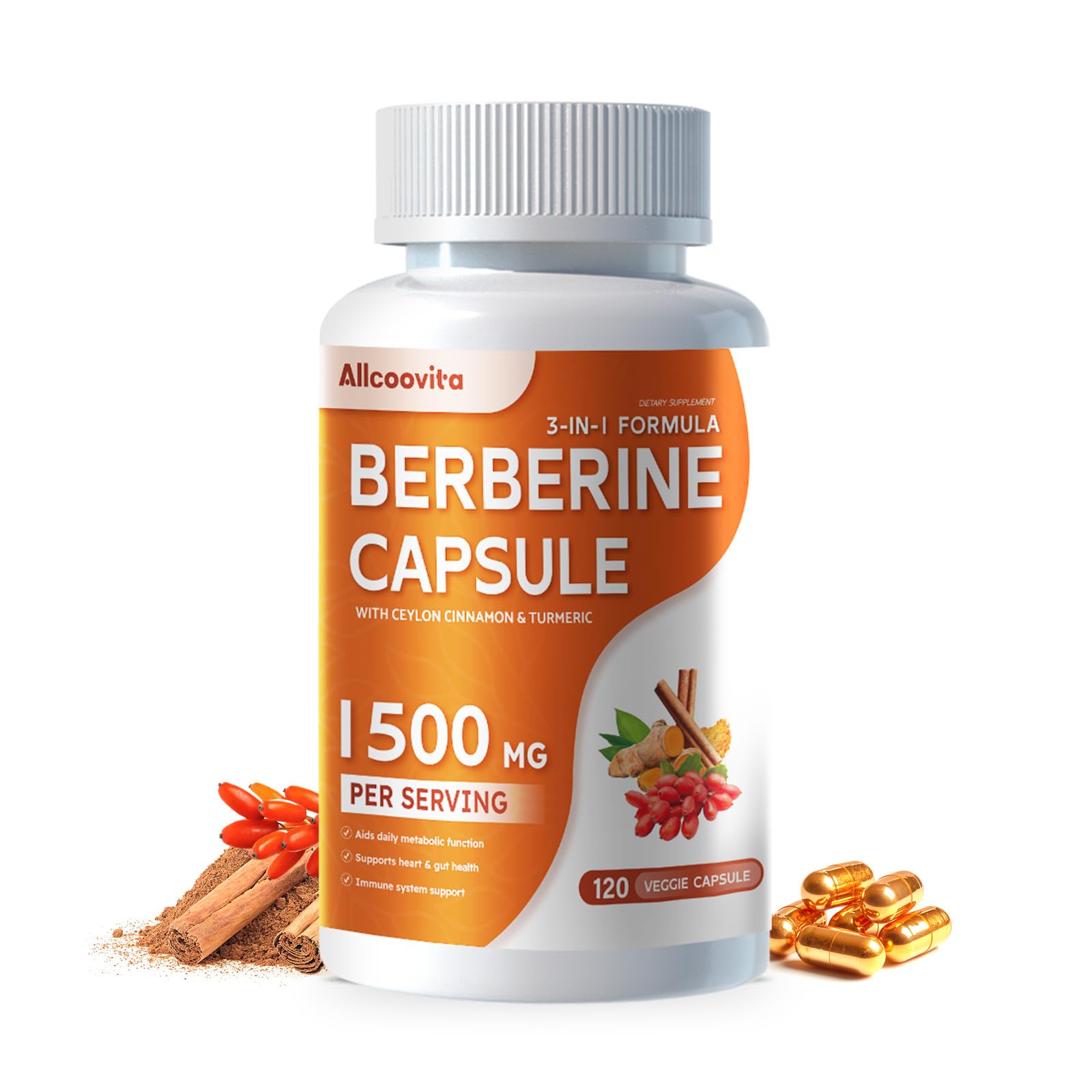 Allcoovita Berberine Supplement - Berberine 1500mg Per Serving,120 Capsules - Berberine HCI - Berberine Plus - Plus Pure True Ceylon Cinnamon, Berberine HCI Root Supplements Pills - Medaid International