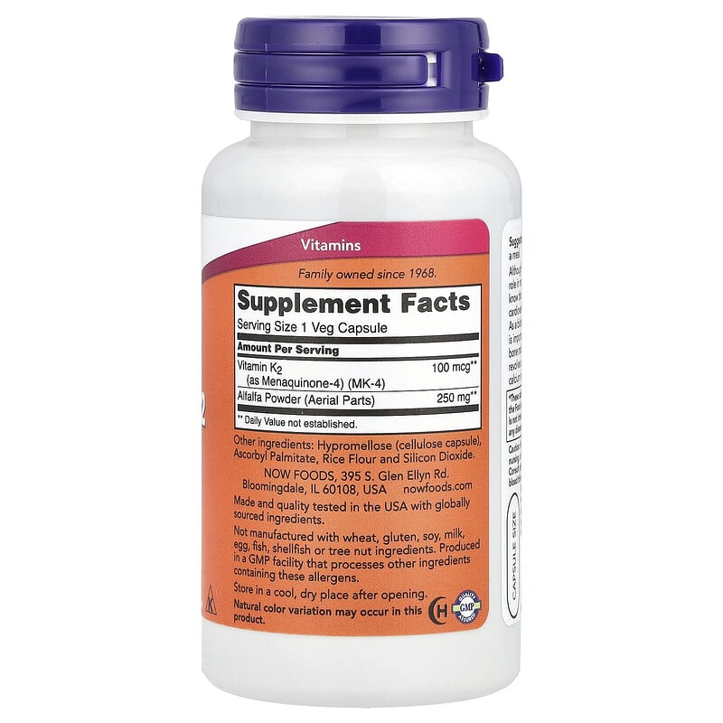 NOW Foods, Vitamin K-2, 100 mcg, 100 Veg Capsules - Medaid International